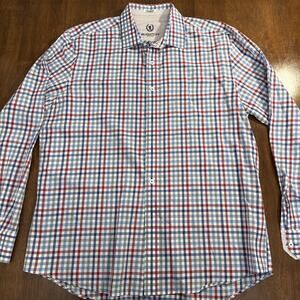 Bugatchi Uomo Shaped Fit Cotton Button Up Shirt Red White Blue Men's Size XXL